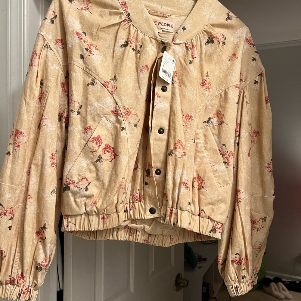 Free People Beige Floral Bomber Jacket
